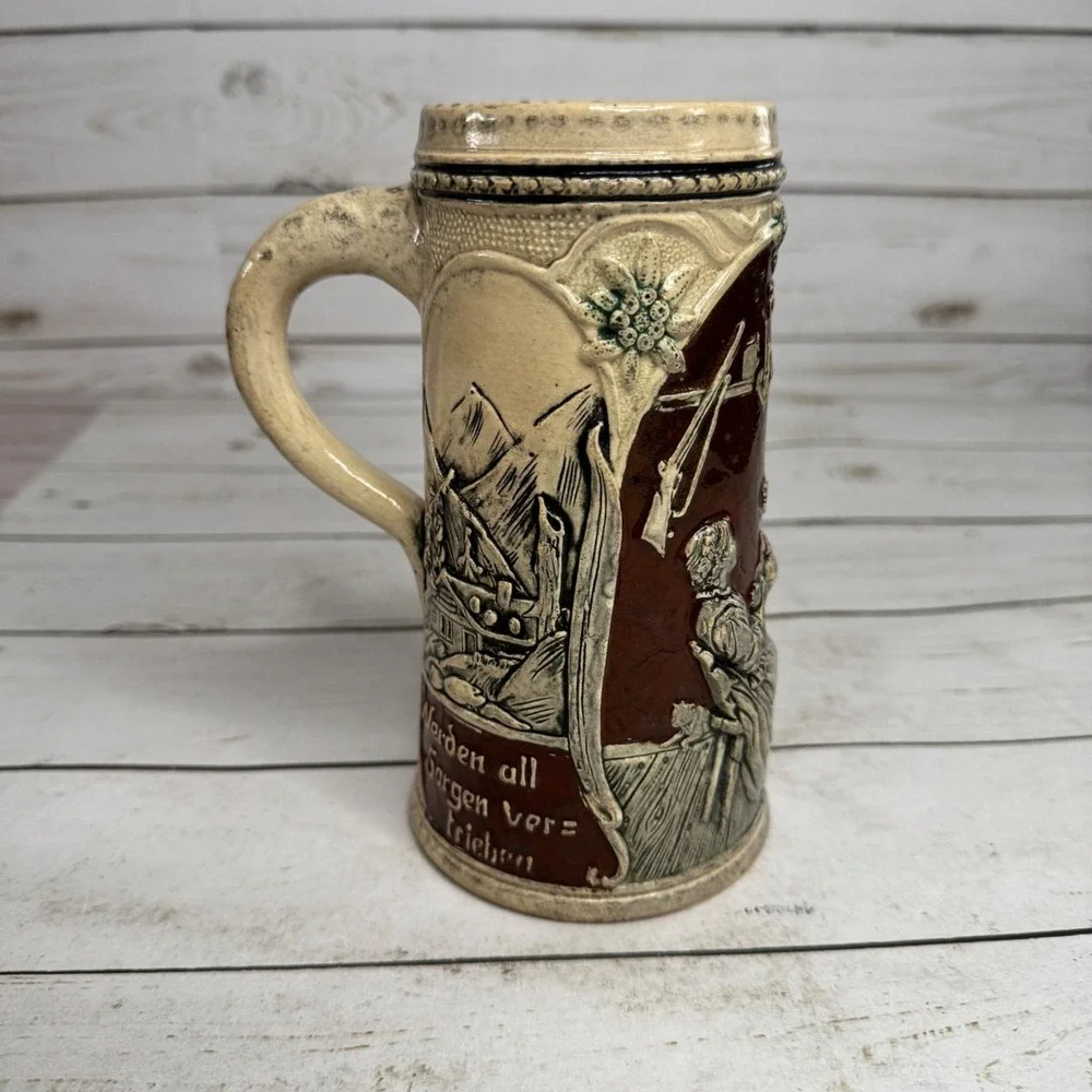Vintage Zeitvertreib German Beer Stein Hand Painted Alpine Couple Mountain Cabin